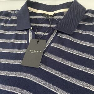 Ted Baker Men's Oversized Navy/Silver Striped Open Collar Polo‎ Size 5 (XL) NEW